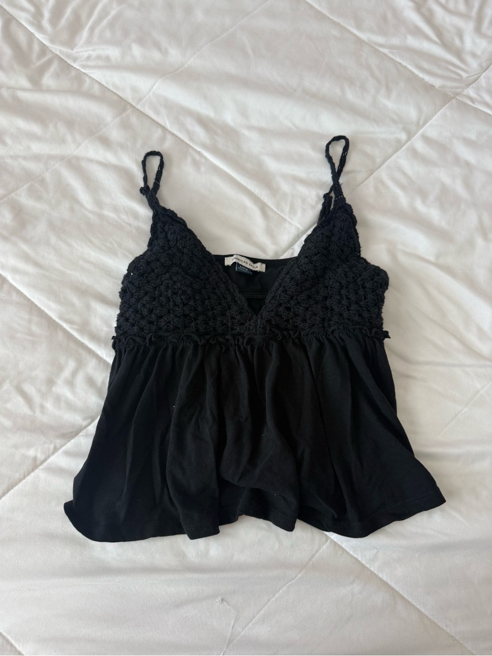 American Eagle Outfitters Black Crochet-Panel Spaghetti Strap Camisole